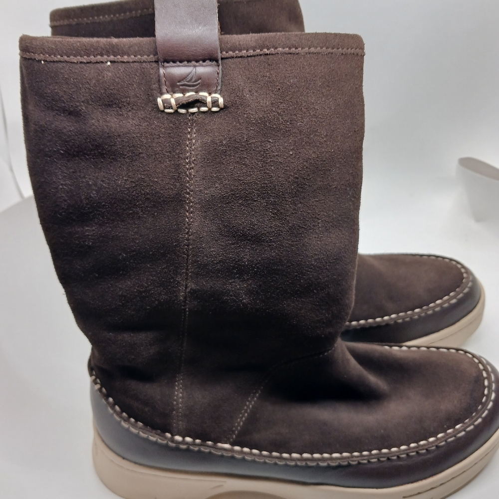 Sperry Top Sider Womens 8 Mid Calf Boots Brown Suede Pull On Shearling Lined